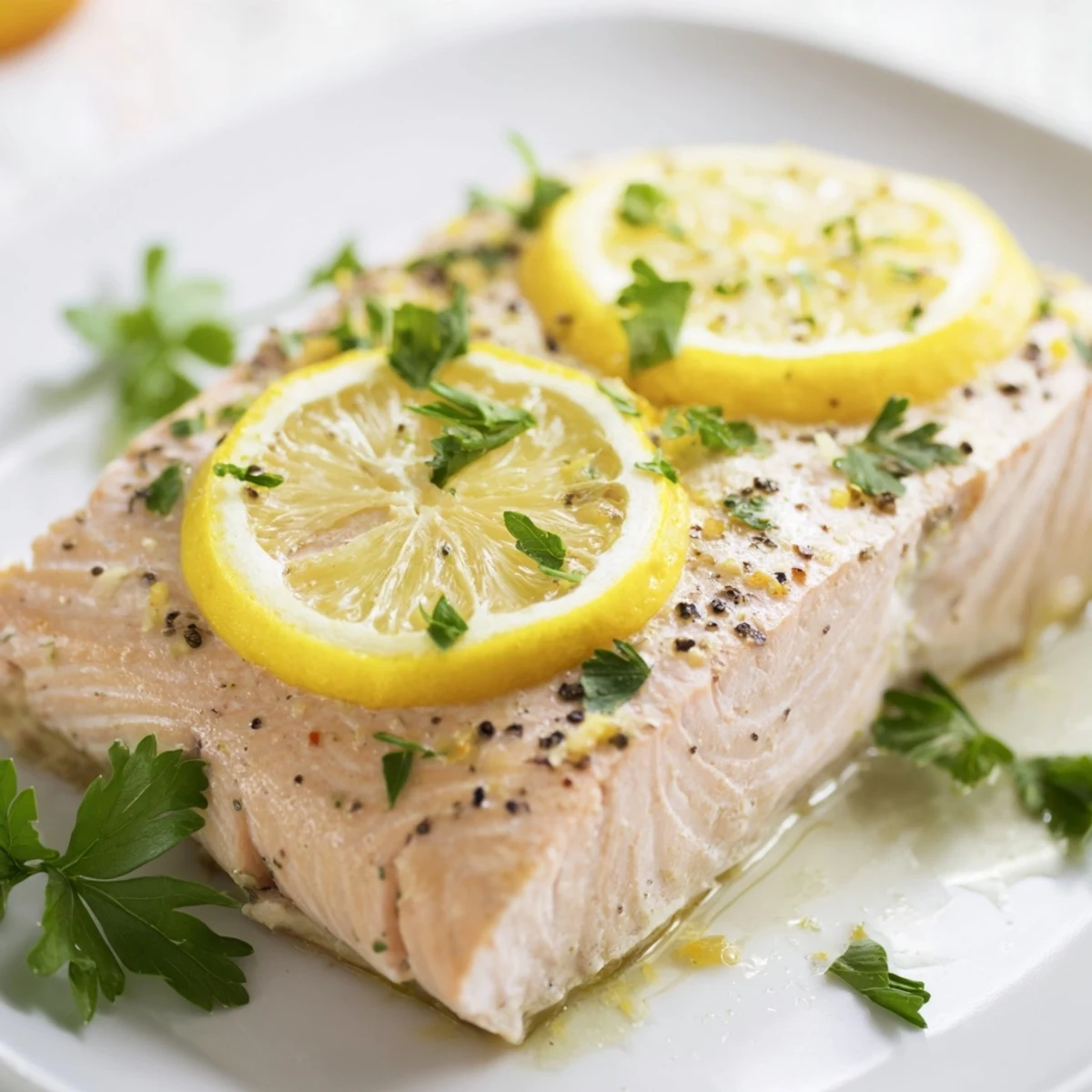 Plated Baked Salmon with Lemon Pepper Seasoning beside roasted asparagus and rice for an elegant healthy meal.