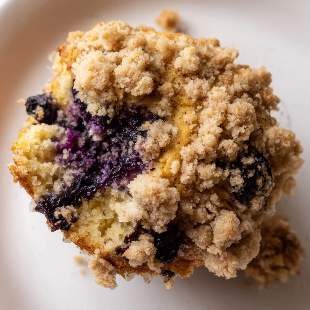 Warm Lemon Blueberry Muffins with Streusel Crumb Topping on a rustic wooden board, perfect for serving with a hot cup of coffee.