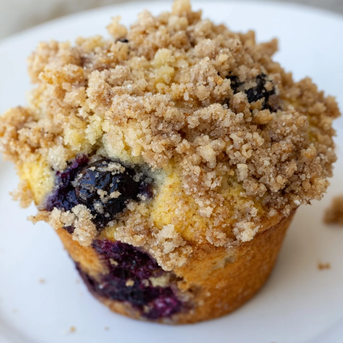 Close-up of a muffin liner revealing the moist crumb and bursting blueberries inside Lemon Blueberry Muffins with Streusel Crumb Topping.
