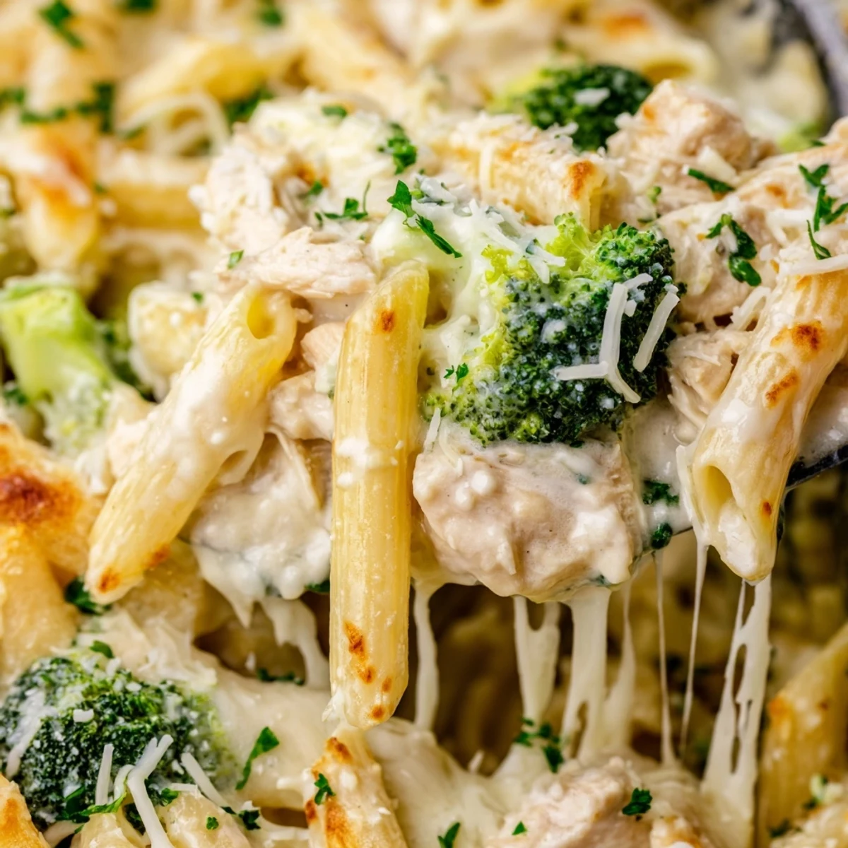 Golden, bubbly mozzarella and Parmesan top a baked penne casserole with chicken and broccoli in creamy Alfredo sauce.