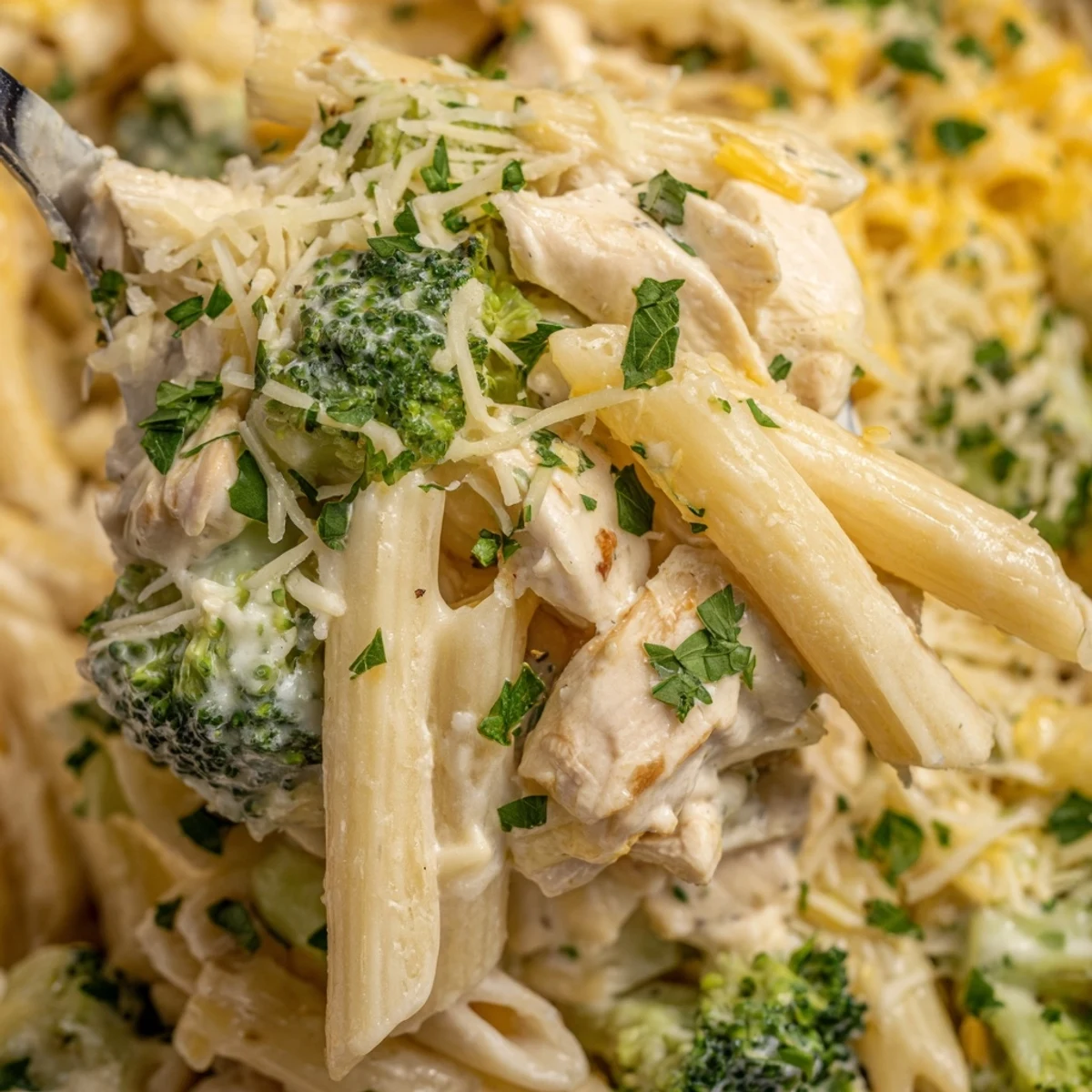 Fresh parsley garnishes this hearty Chicken Alfredo Bake with Broccoli and Cheese served from a 9x13 dish.