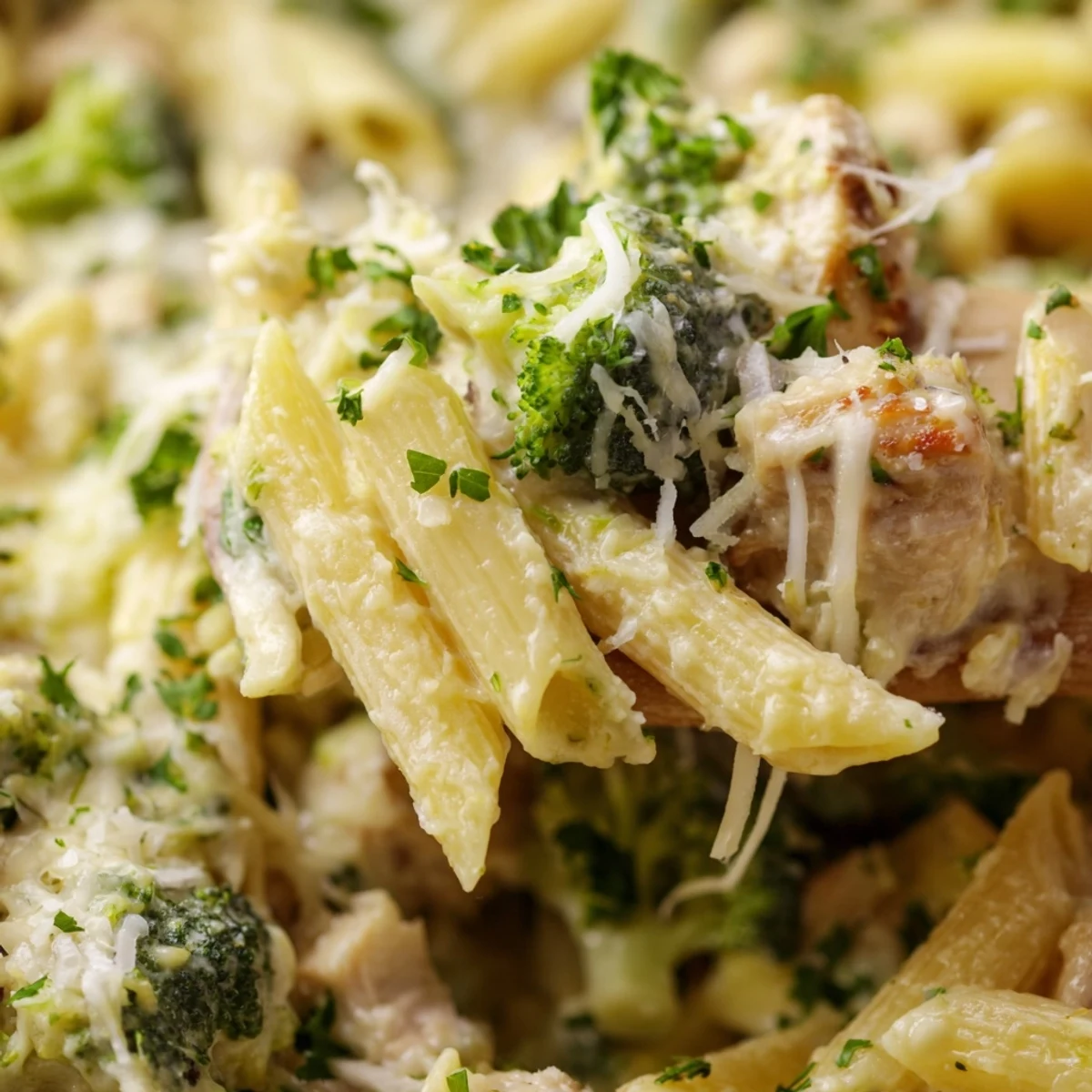 Steamed broccoli florets and tender chicken pieces mingle with rotini pasta in a cheesy, golden-brown Alfredo casserole.