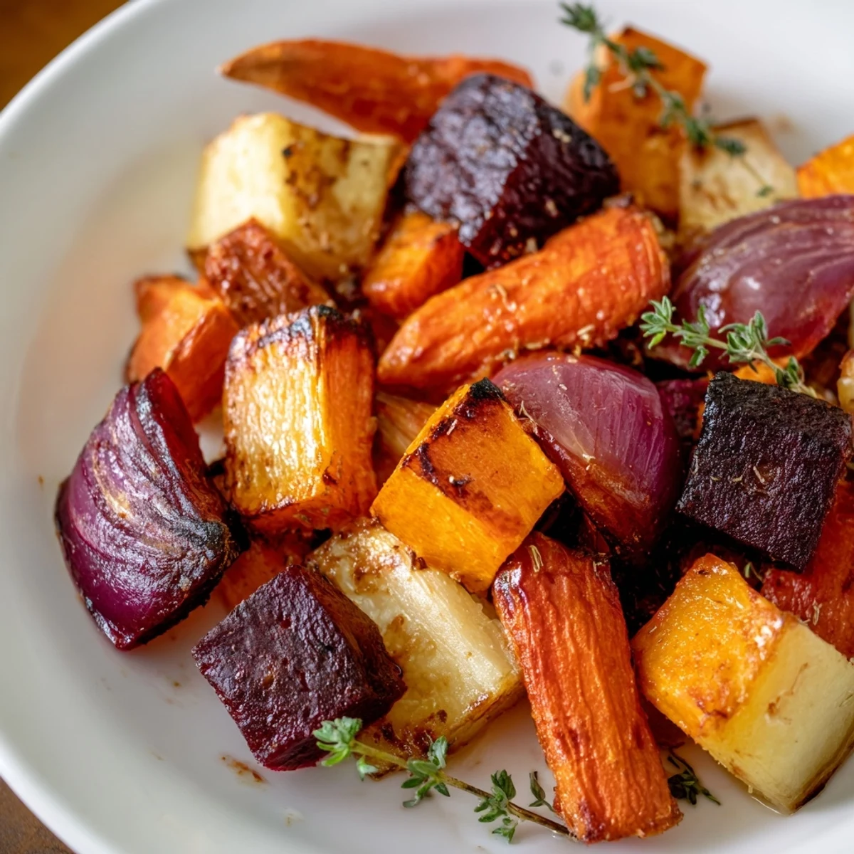 Vibrant medley of roasted root vegetables with balsamic glaze, served warm from the oven. The colorful carrots, beets, and onions paired with fresh thyme sprigs for a rustic family style side dish.