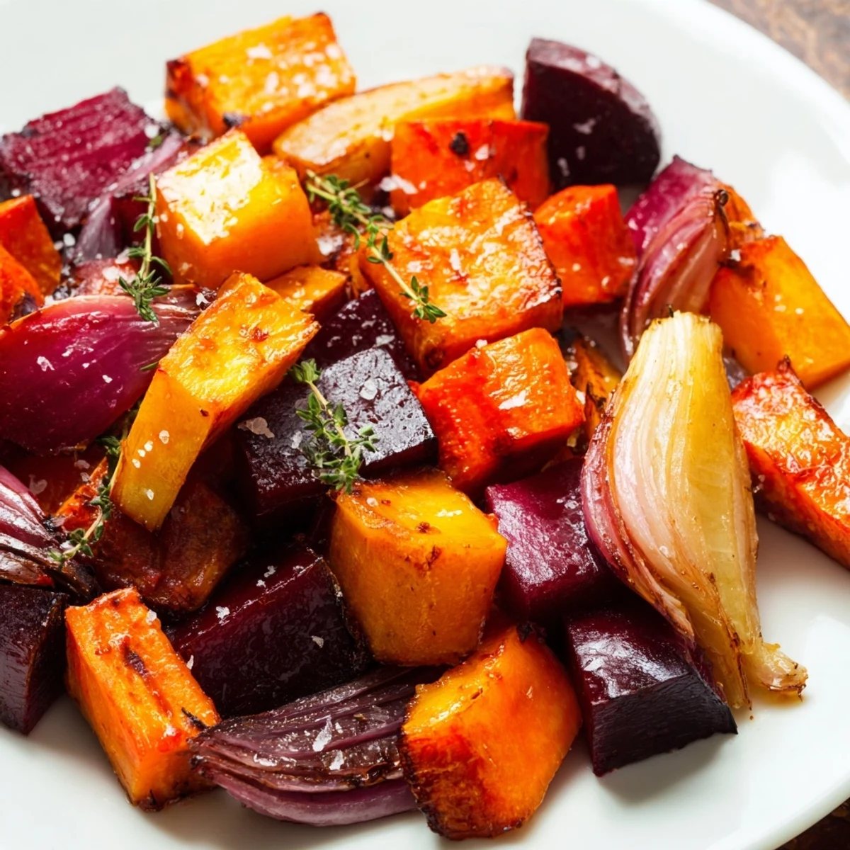 Freshly roasted root vegetables with balsamic glaze tossed with thyme. The caramelized sweet potatoes and carrots served hot on a baking sheet for a savory side dish.