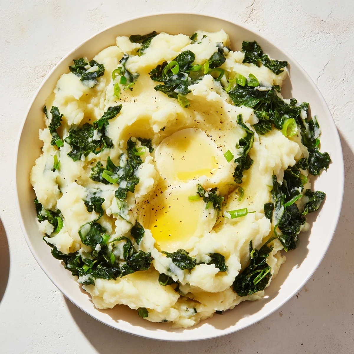 A close-up of traditional colcannon mashed potatoes with kale, topped with a melting pat of butter on a rustic plate.