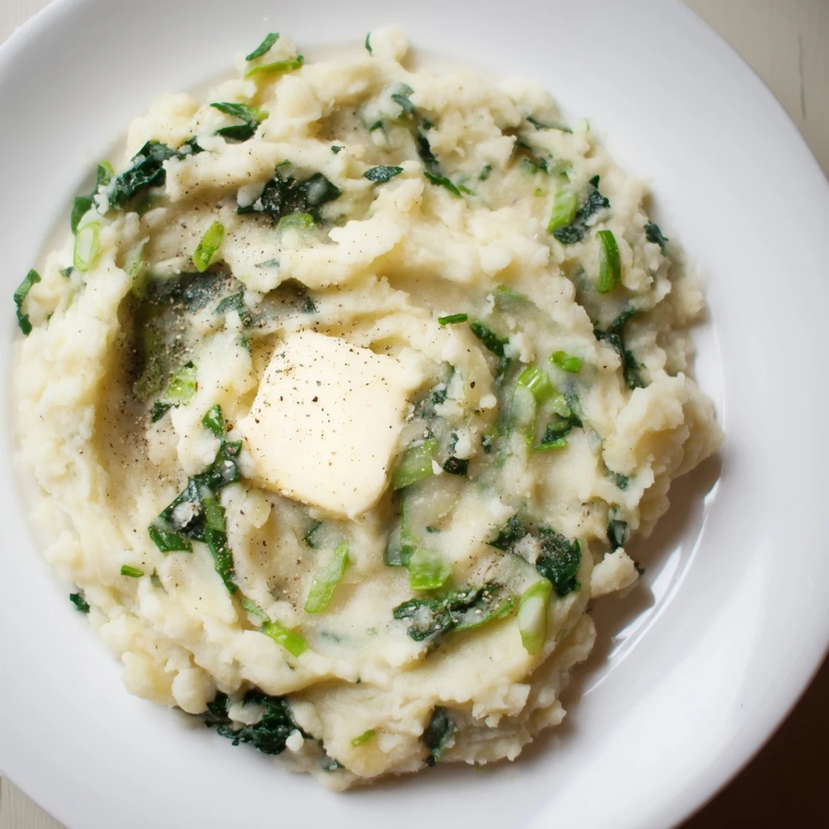 Traditional colcannon mashed potatoes with kale garnished with extra butter and scallions, a classic Irish side dish for St. Patrick’s Day.