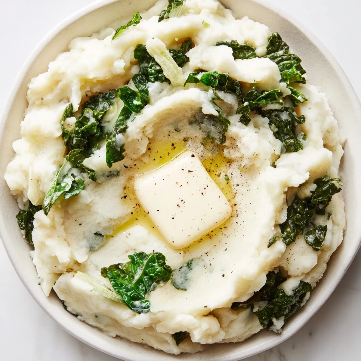A fluffy bowl of traditional colcannon mashed potatoes with kale and scallions, served warm beside a slice of Irish soda bread.