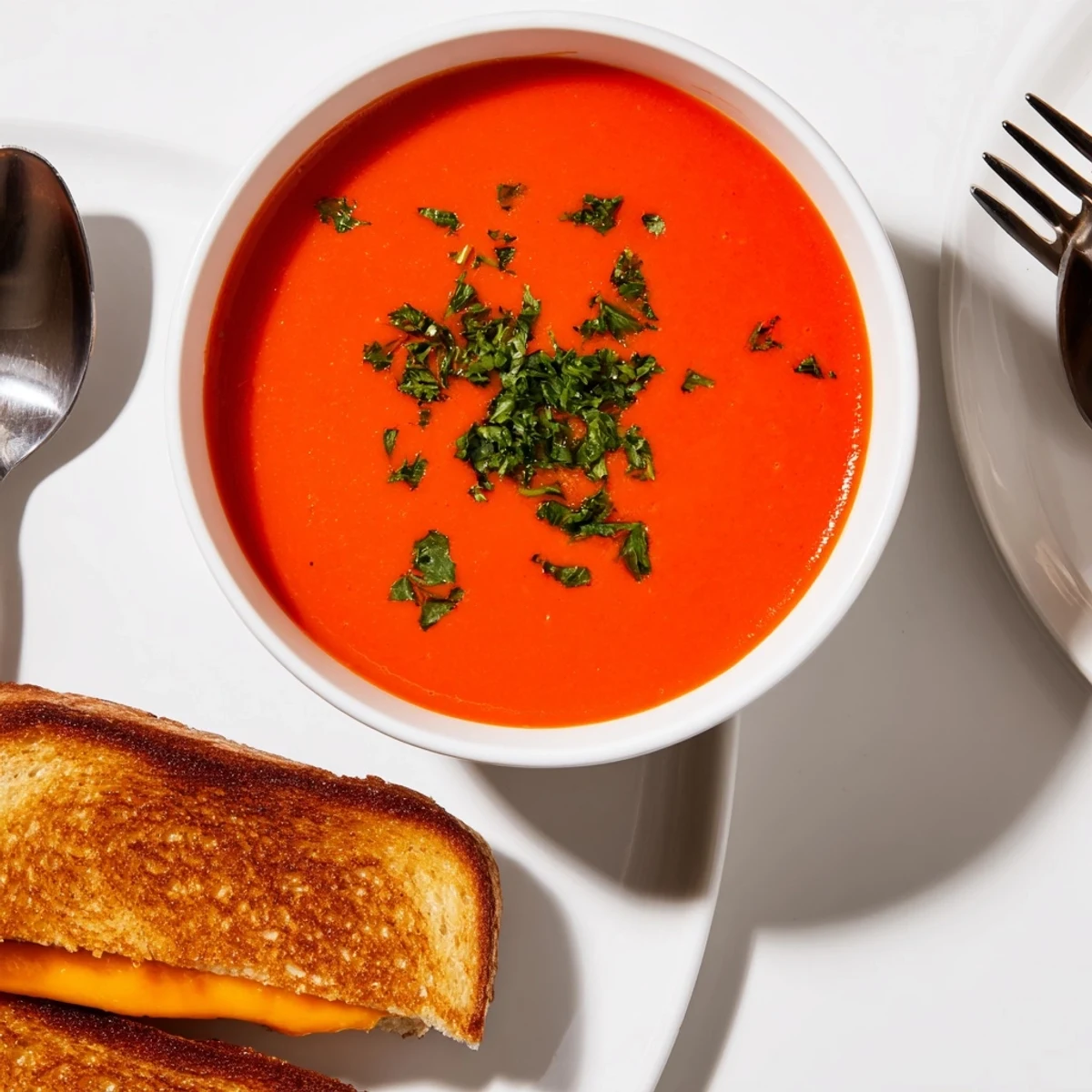 A warm bowl of Creole Tomato Soup with Grilled Cheese, featuring a creamy red soup and golden, melty sandwich halves.