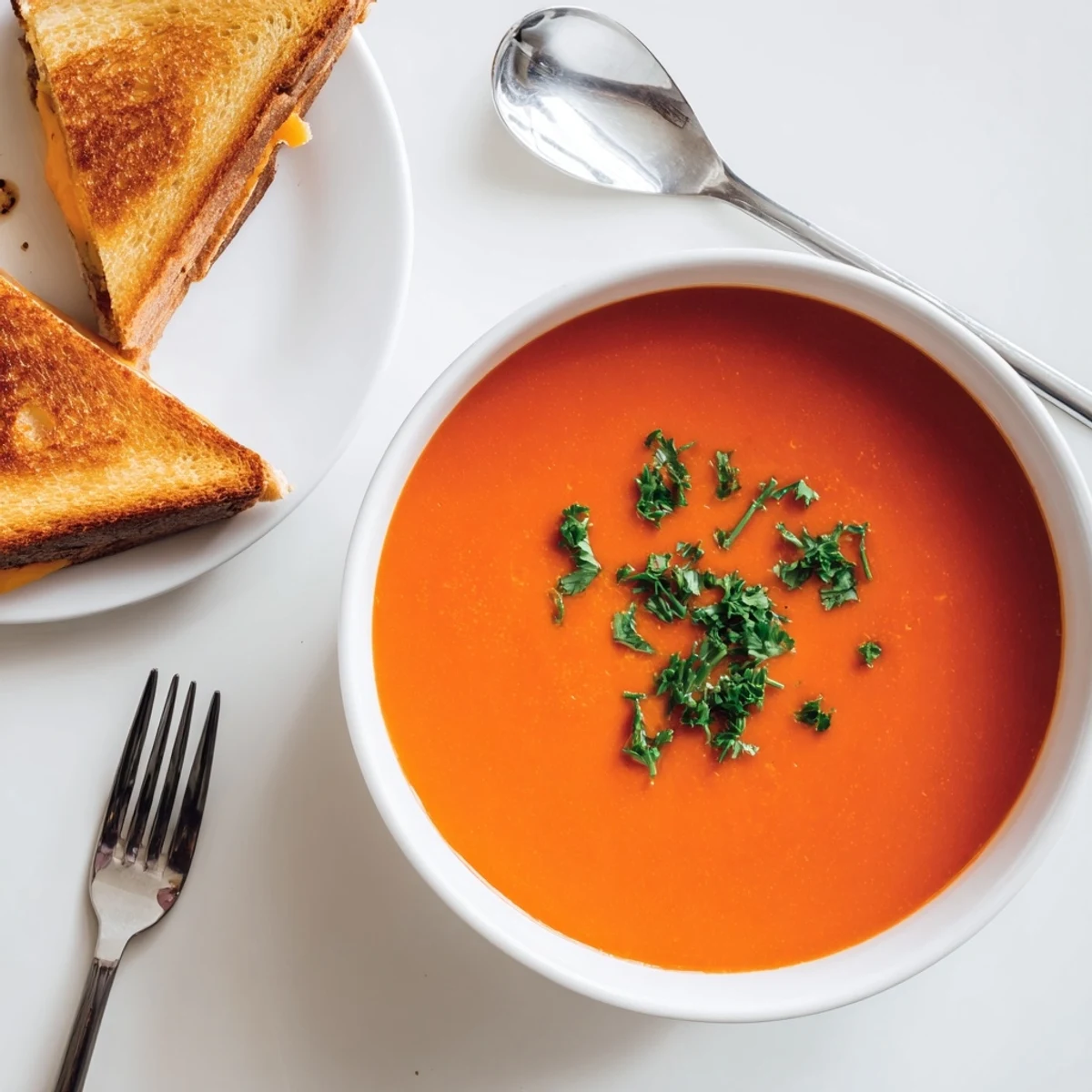 Steam rises from the Creole Tomato Soup beside grilled cheese sandwiches with crispy, buttery sourdough bread on a rustic table.