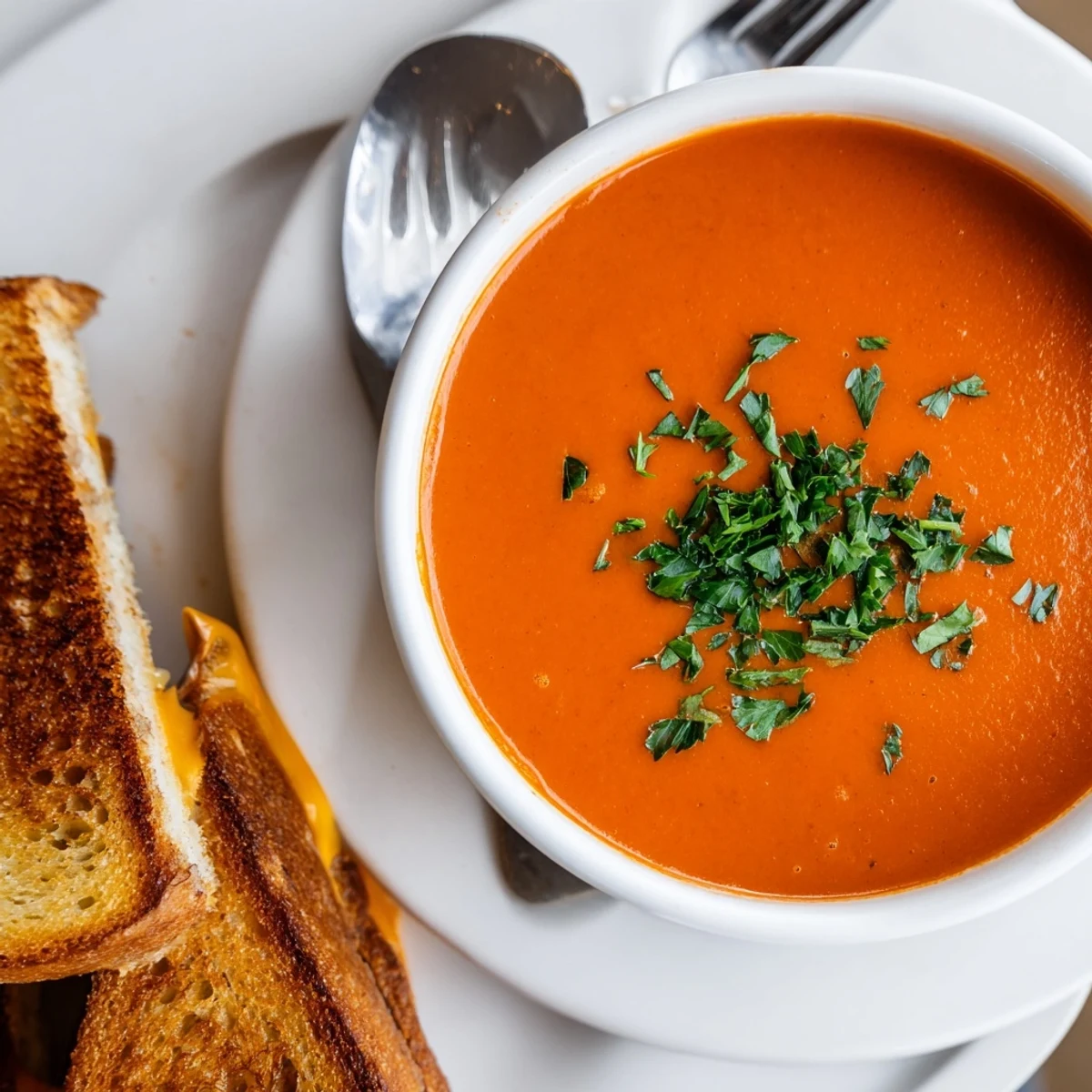 Vibrant Creole Tomato Soup garnished with fresh parsley, paired with perfectly grilled cheese sandwiches for a comforting Southern meal.