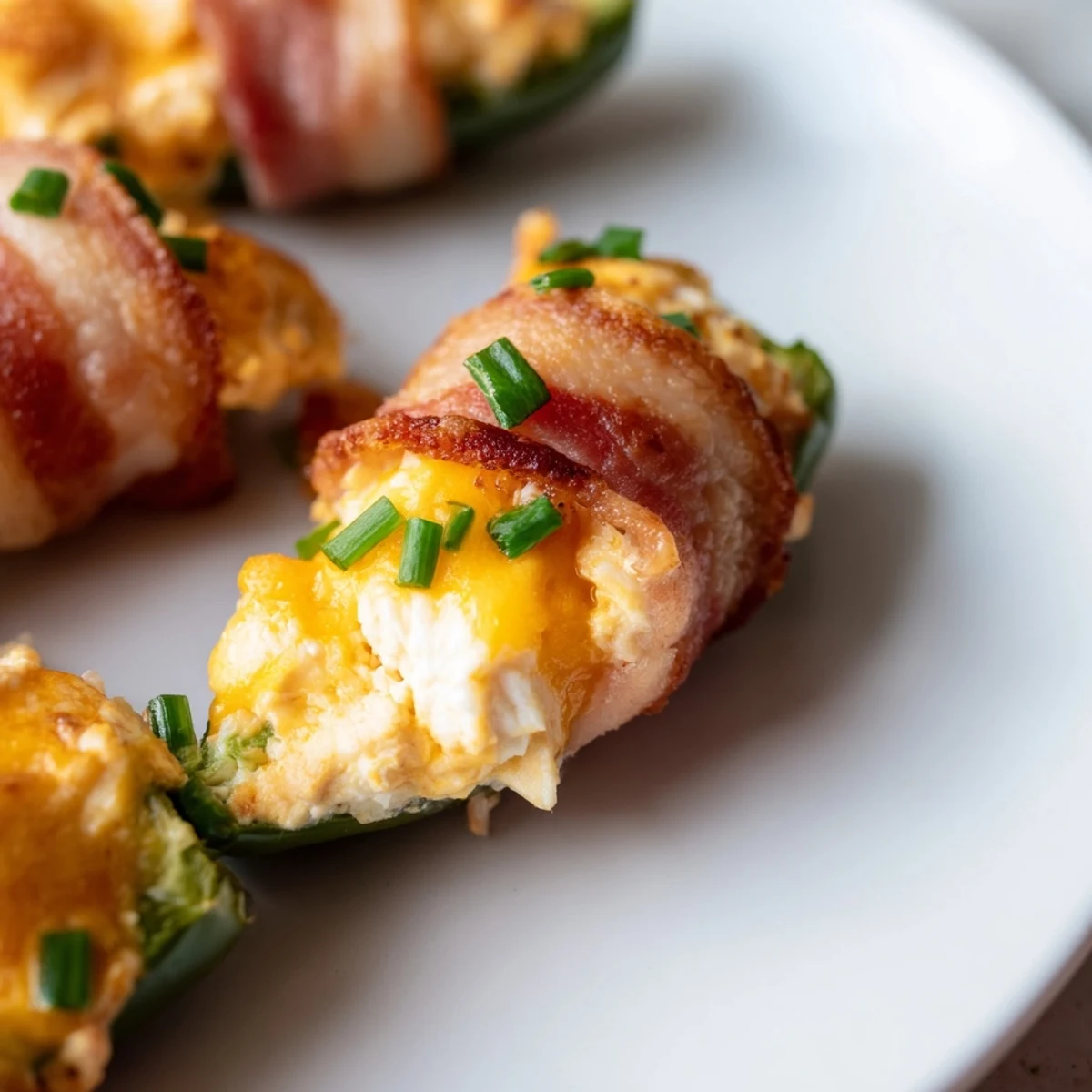 Golden-brown Game Day Jalapeno Poppers with Turkey Bacon cool on a wire rack, revealing bubbly cheese filling and crisped meat wrappers.