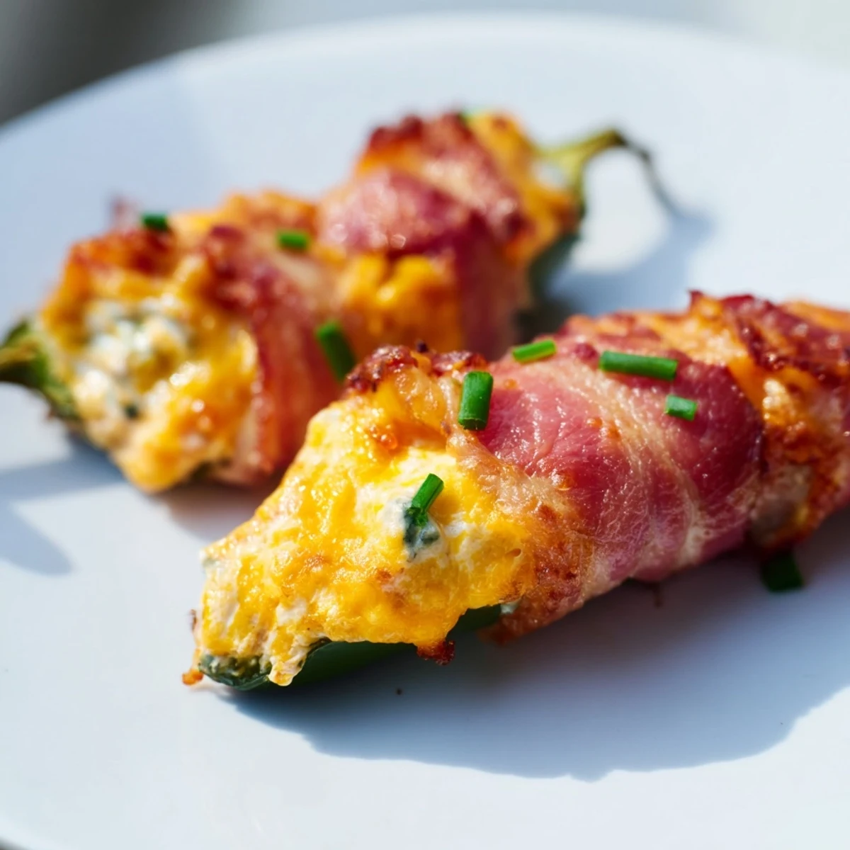 Close-up of Game Day Jalapeno Poppers with Turkey Bacon, showing creamy, spiced filling spilling slightly from vibrant green pepper halves.