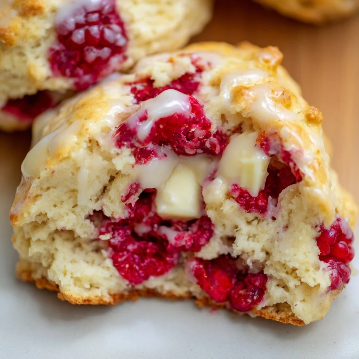 Freshly baked Raspberry White Chocolate Scones, golden brown and studded with bright red berries and creamy white chocolate chunks, resting on a cooling rack.  