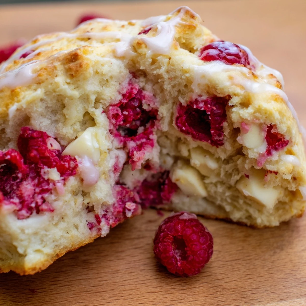 A close-up of warm Raspberry White Chocolate Scones on a wooden board, showing juicy raspberries and melty white chocolate inside tender, flaky layers.  
