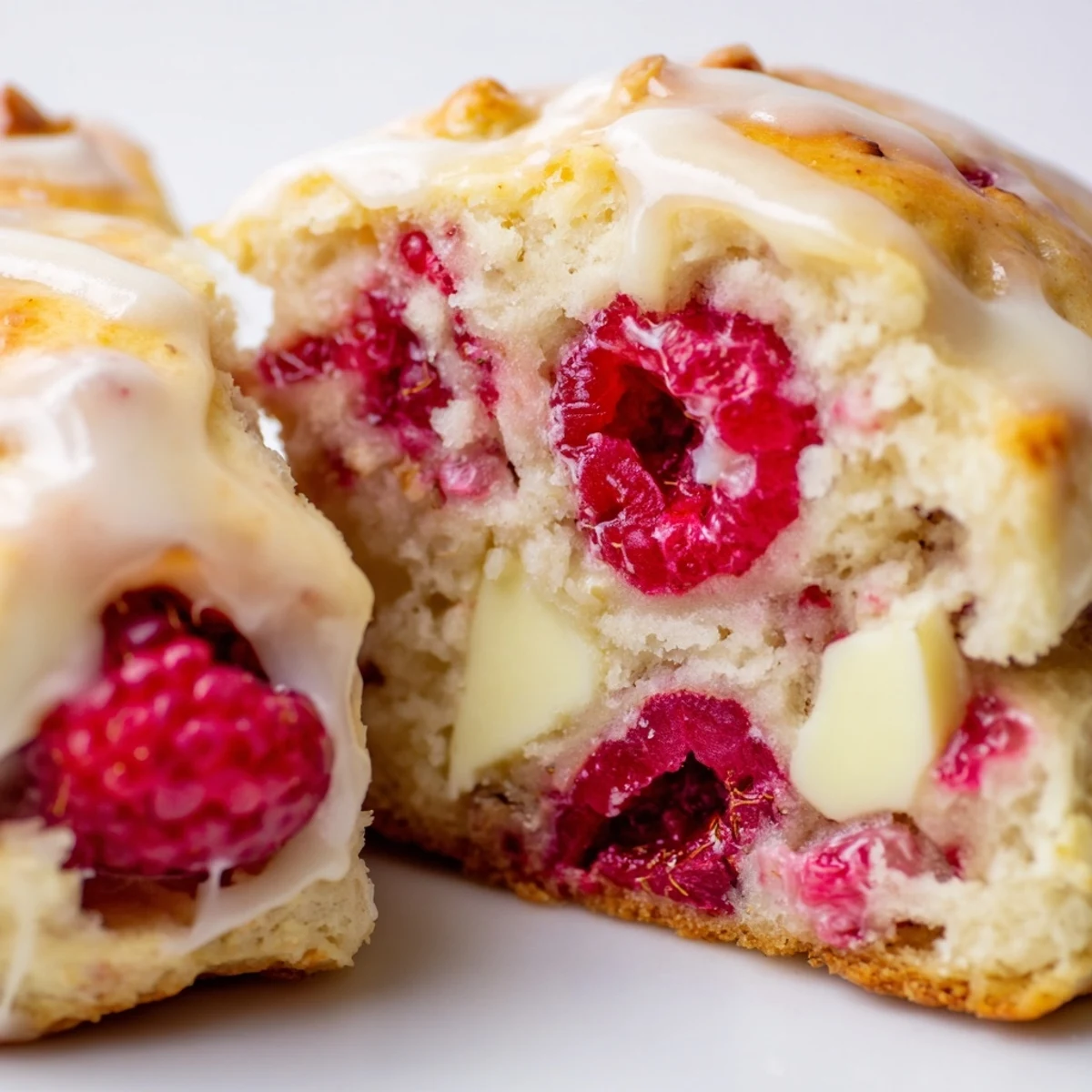 Golden Raspberry White Chocolate Scones arranged on a white plate, ready for breakfast or tea, with a jar of jam nearby.
