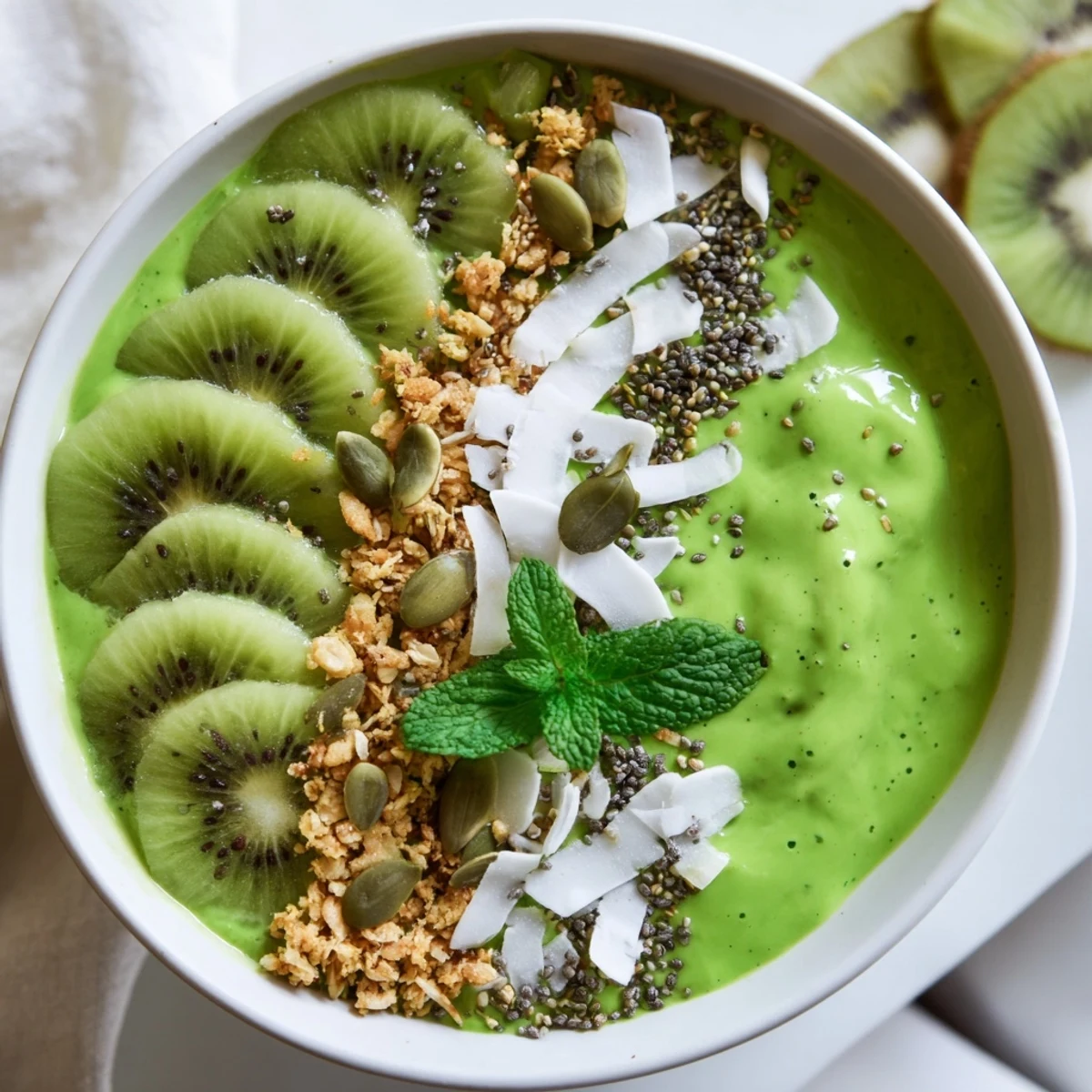 Creamy Shamrock Green Smoothie Bowl topped with vibrant kiwi, crunchy granola, and fresh mint leaves.