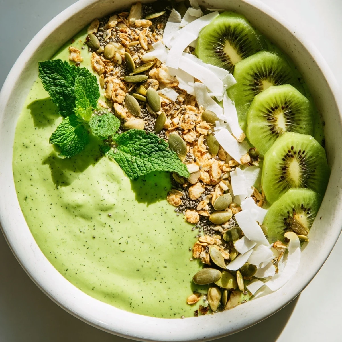 A refreshing bowl of Shamrock Green Smoothie Bowl with mango, pineapple, and a sprinkle of seeds.
