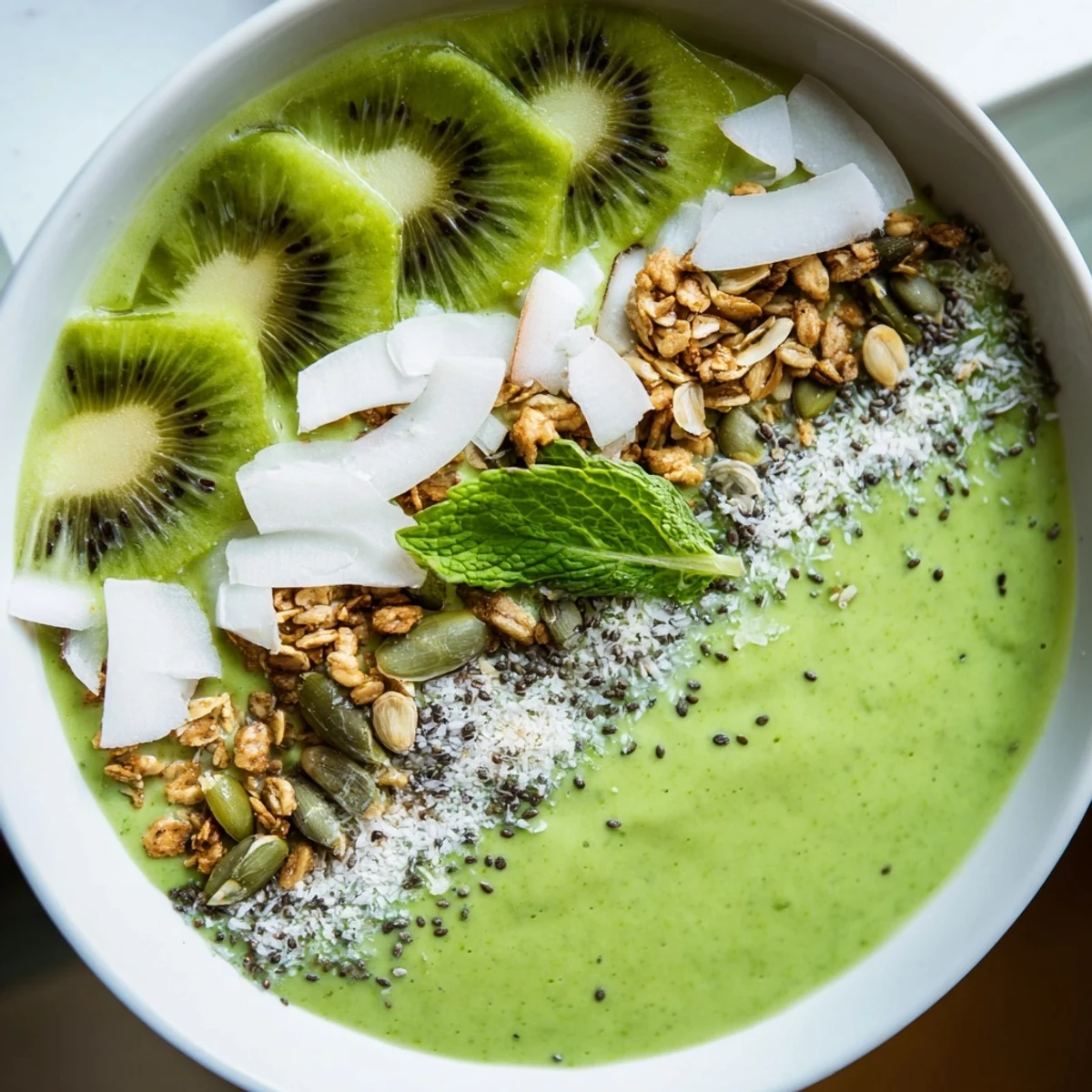 Thick and creamy Shamrock Green Smoothie Bowl in a white bowl, ready for an energizing breakfast.