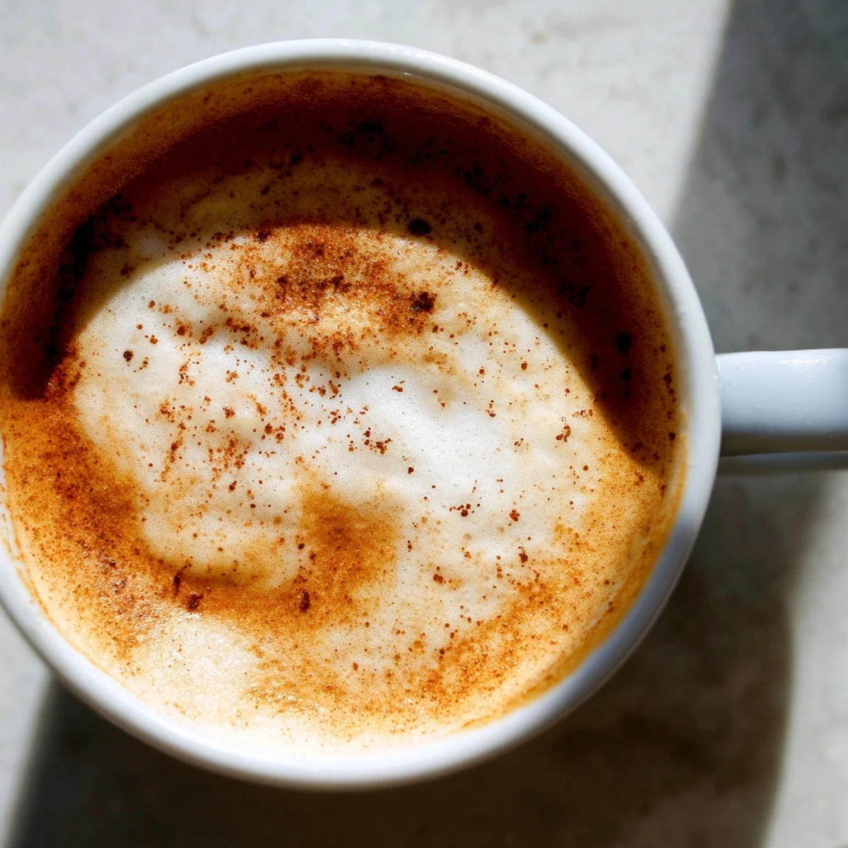 A warm Spiced Chai Tea Latte with Cinnamon, dusted with cinnamon and steamed milk, served in a cozy mug.