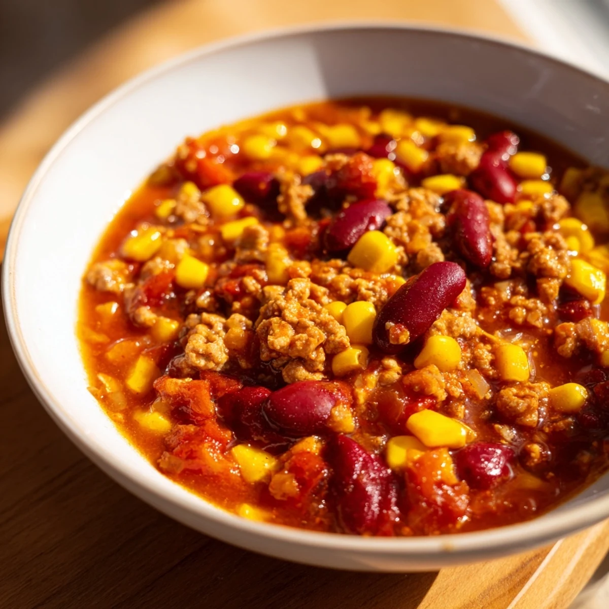 A warm bowl of turkey chili with kidney beans and sweet corn, garnished with cilantro, resting on a rustic table for a cozy family meal.  