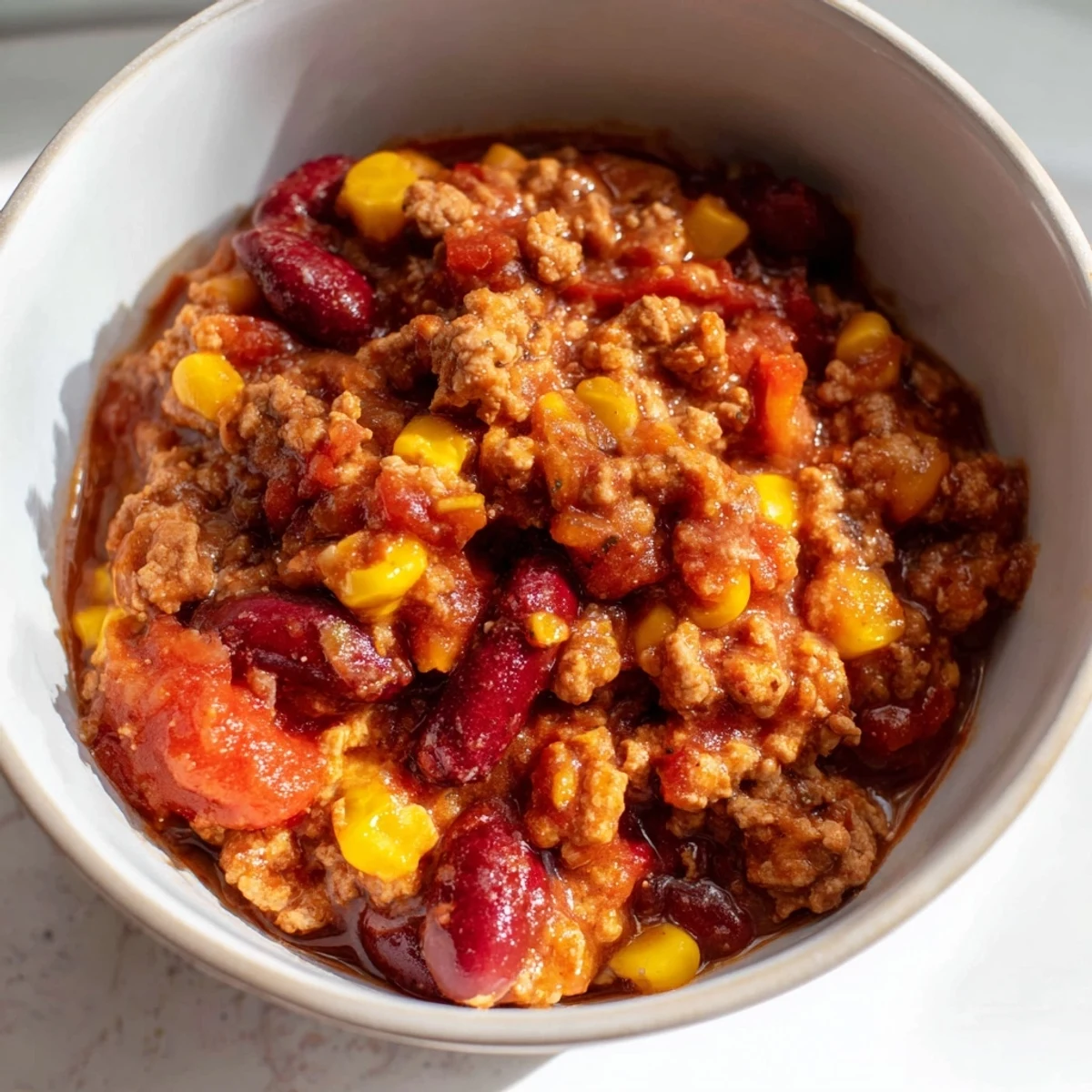 Spoon lifting a portion of turkey chili with kidney beans and corn, showcasing the chunky texture and vibrant colors of this easy American dinner.
