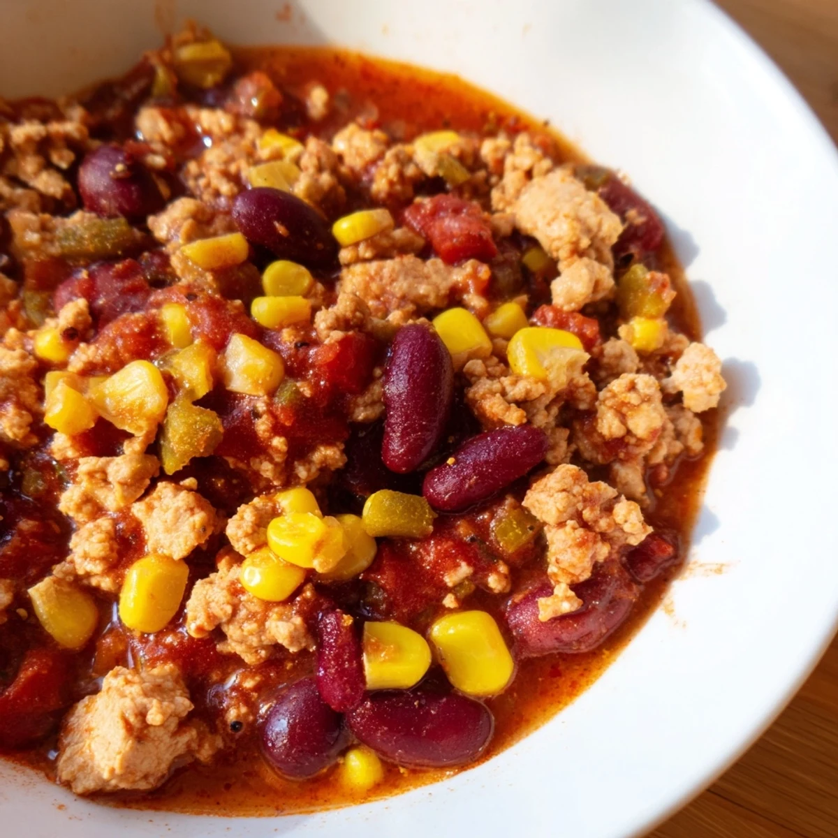 Hearty turkey chili simmering in a pot, featuring tender kidney beans and sweet corn kernels in a rich, spiced tomato base.  