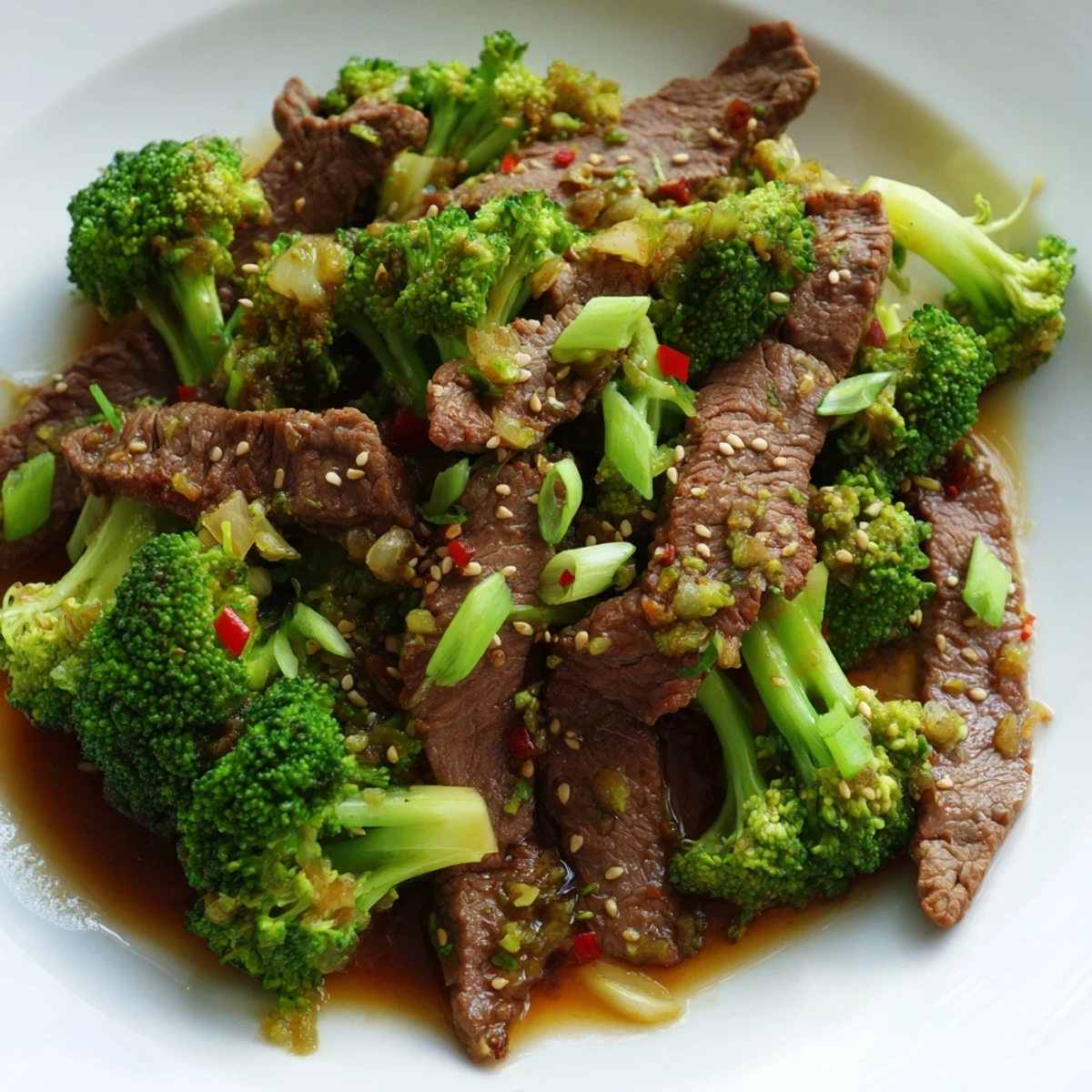 A close-up of Beef and Broccoli Stir Fry with Ginger, highlighting glistening sauce and vibrant green broccoli beside savory seared beef.