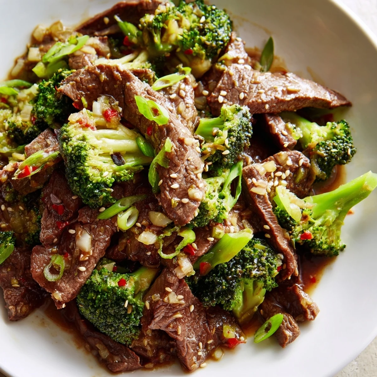 Family-style Asian-inspired Beef and Broccoli Stir Fry with Ginger, garnished with green onions and sesame seeds, ready for a quick weeknight dinner.