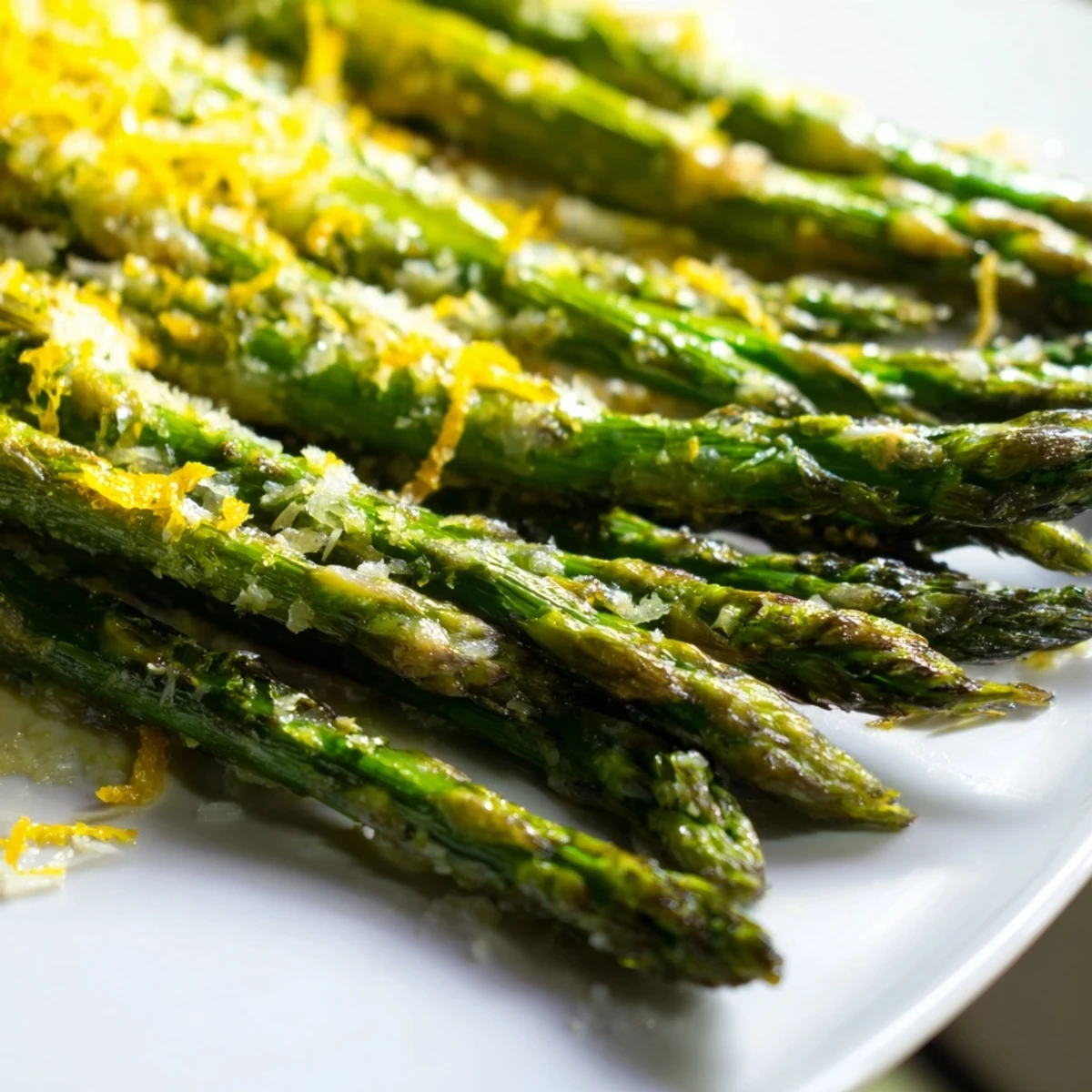 Bright green roasted asparagus with lemon zest and shaved Parmesan garnish on a rustic white platter, served warm.