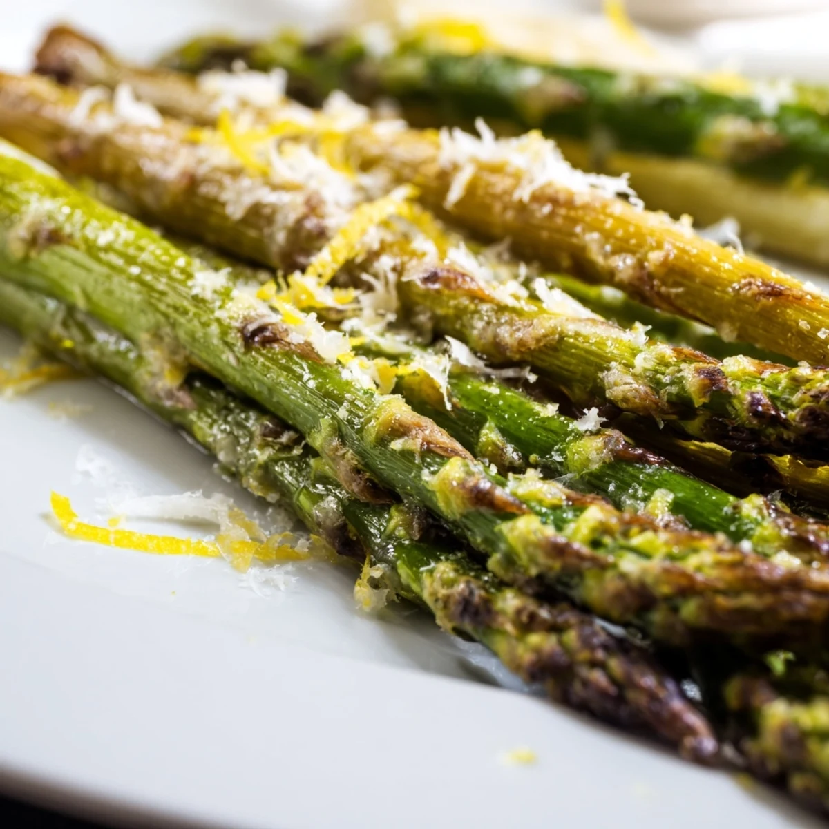Fresh roasted asparagus with Parmesan cheese and lemon juice, garnished with parsley on a simple ceramic serving plate.