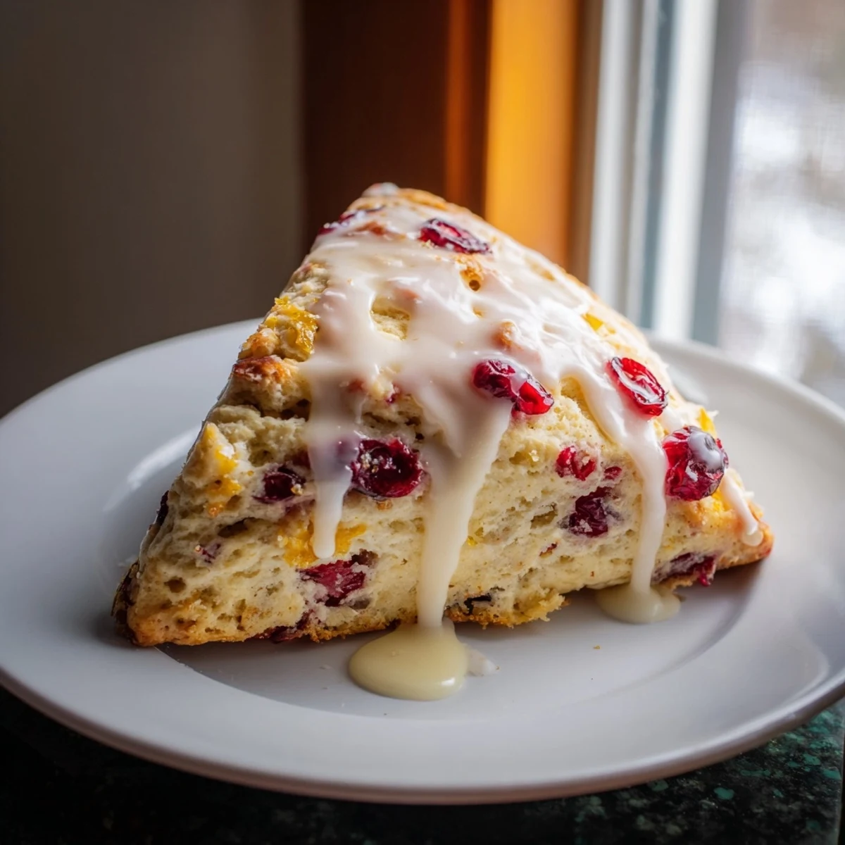 Freshly baked Cranberry Orange Scones with glaze drizzled over golden wedges on a rustic wooden table.  