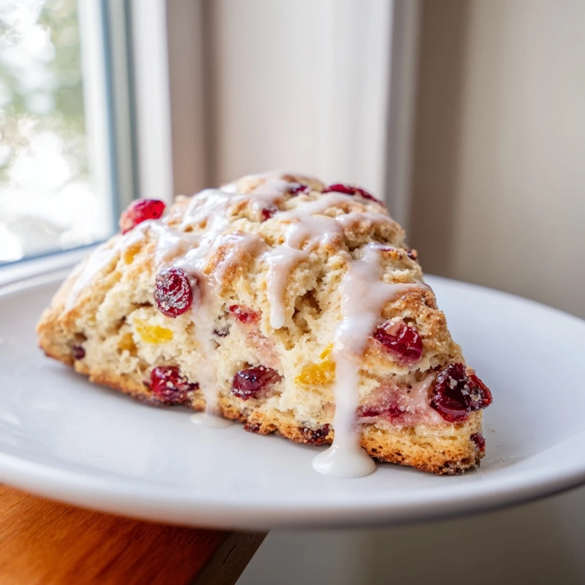 Homemade Cranberry Orange Scones served with tea, featuring a glossy sweet citrus glaze topping.