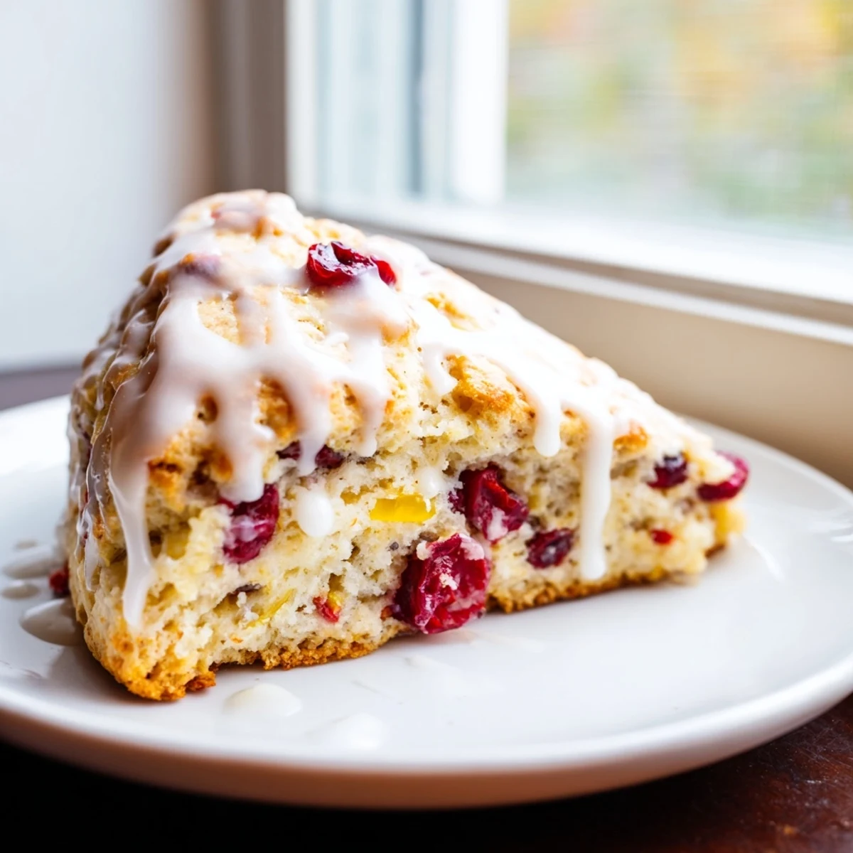 Warm Cranberry Orange Scones on a cooling rack, showcasing crumbly texture and vibrant red cranberries.  