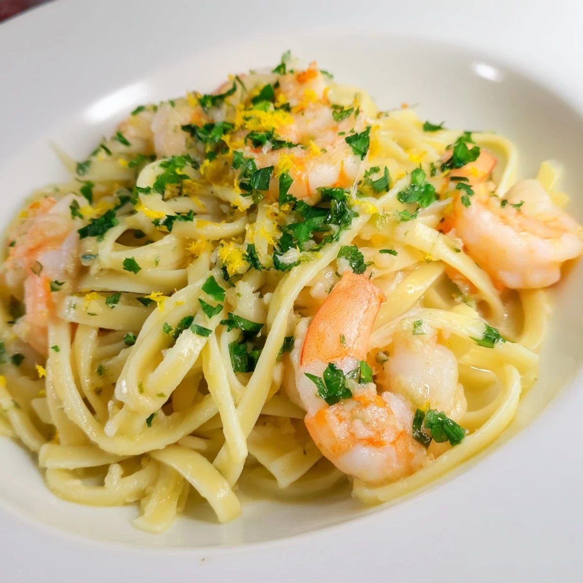 A rustic skillet of Lemon Garlic Shrimp Scampi on a wooden table, steam rising from the saucy linguine and bright lemon wedges ready for squeezing.