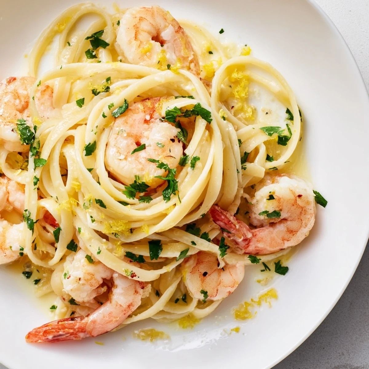 Overhead view of Lemon Garlic Shrimp Scampi in a white bowl, highlighting the al dente linguine tossed with garlic butter and topped with tender shrimp and zest.