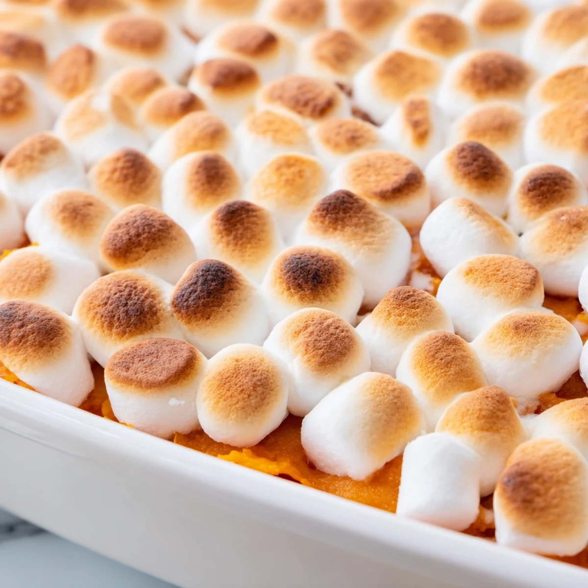 Comforting Sweet Potato Casserole with Marshmallow Topping served beside roasted turkey, with gooey marshmallows toasted to a perfect golden-brown.