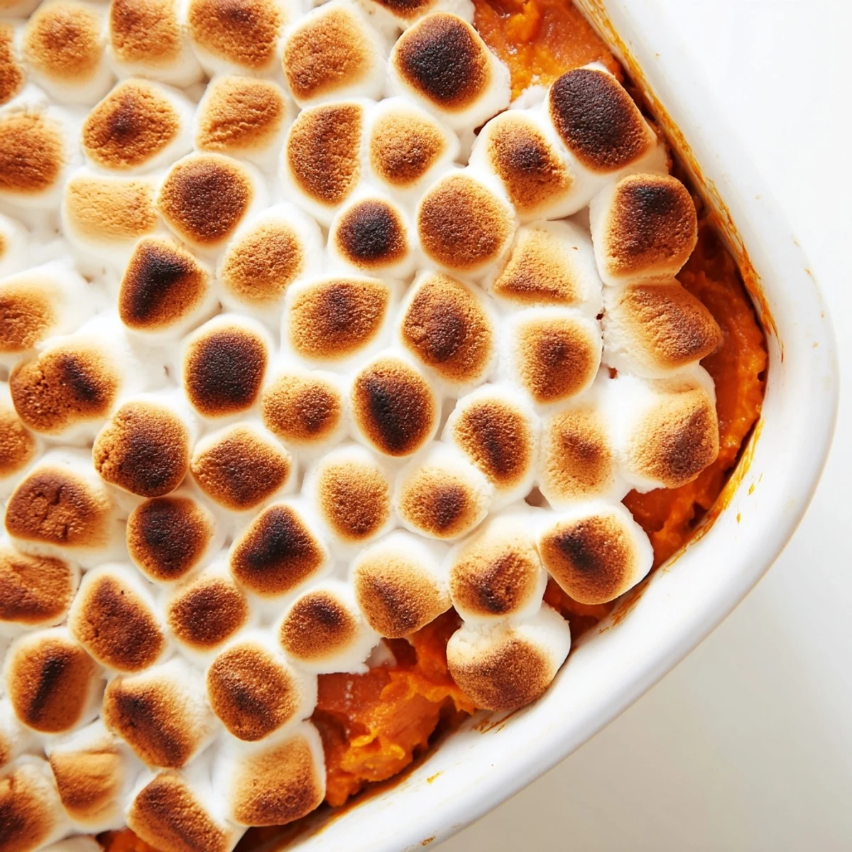 A close-up of warm Sweet Potato Casserole with Marshmallow Topping, bubbling from the oven and perfect for a holiday feast.  