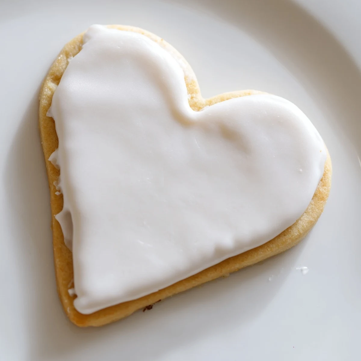 Close-up of a heart-shaped sugar cookie with crisp royal icing, showing detailed piping and a glossy finish.