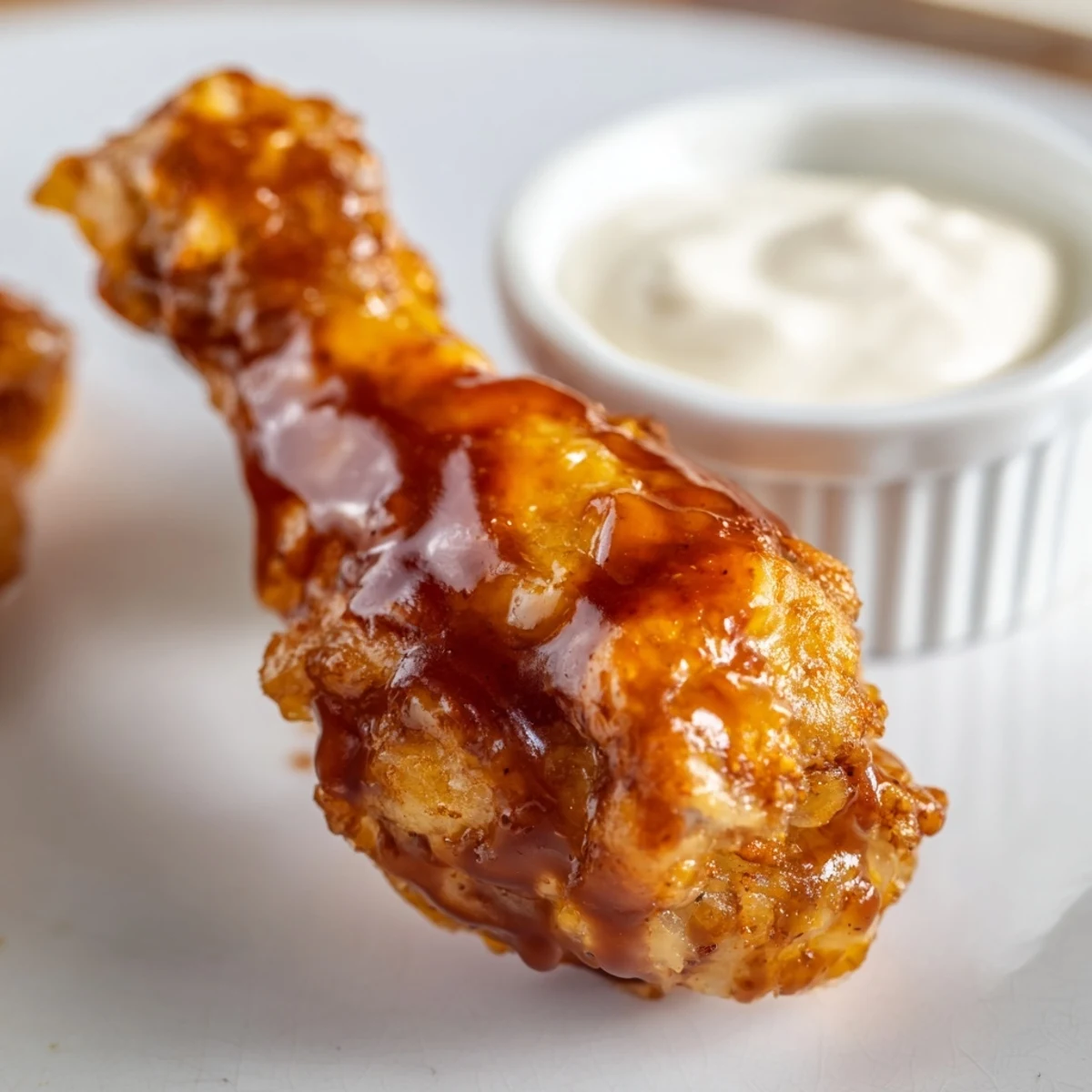 Crispy baked Touchdown BBQ Chicken Wings glistening with tangy sauce, served with creamy ranch and fresh veggies on a platter.  