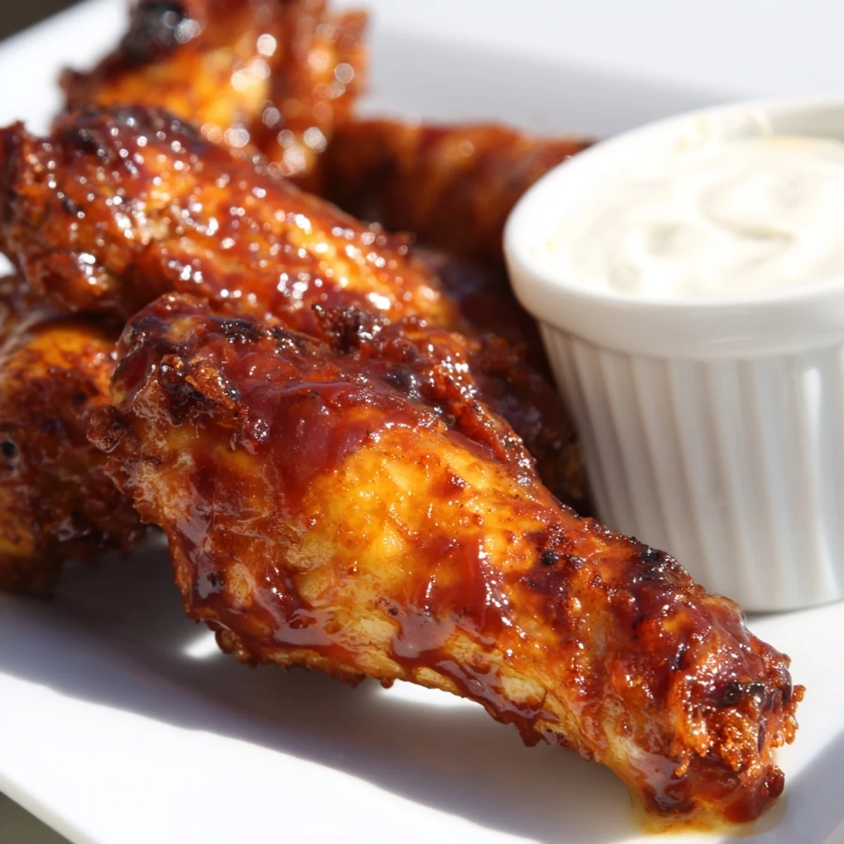 Savory Touchdown BBQ Chicken Wings fresh from the oven, tossed in sticky sauce, and arranged with a bowl of ranch dip.