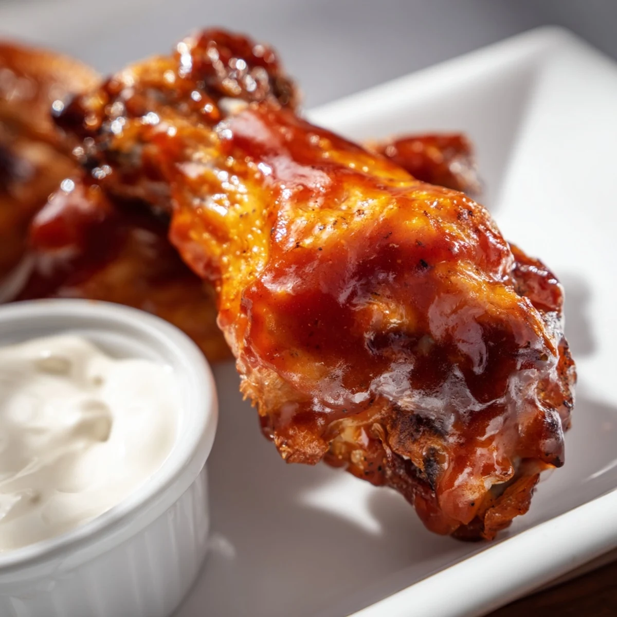 Golden Touchdown BBQ Chicken Wings coated in smoky barbecue glaze, paired with homemade ranch dressing and crisp celery sticks.  