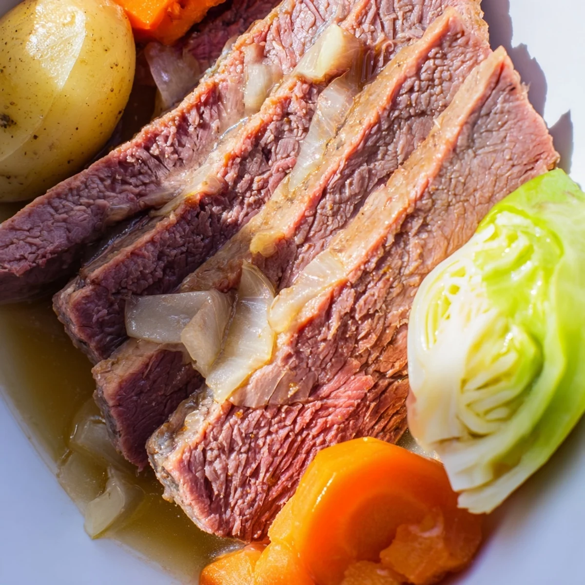 Tender halal corned beef slices next to soft potatoes, carrots, and cabbage wedges on a serving platter, ready to enjoy.