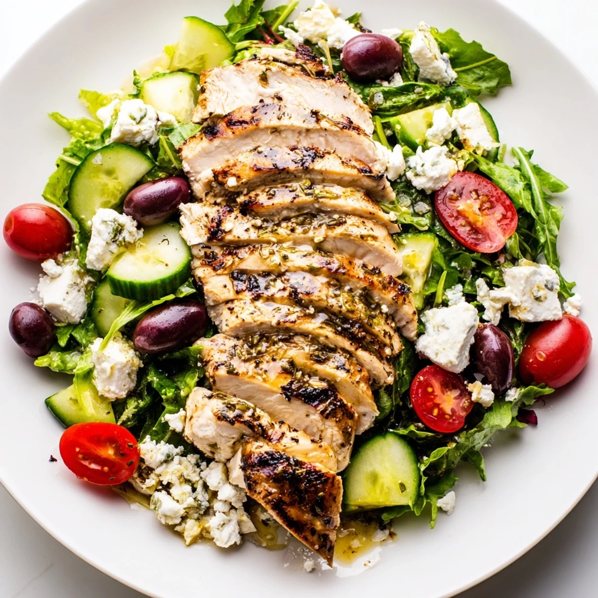 This vibrant Greek salad with chicken is topped with kalamata olives and cherry tomatoes, drizzled with a tangy lemon-oregano vinaigrette.