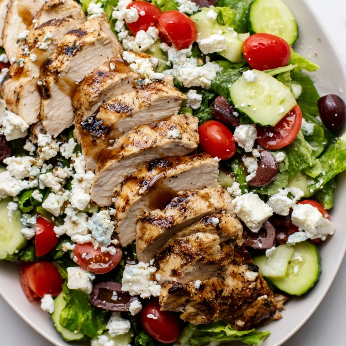 Fresh Mediterranean Greek Salad with Chicken served in a white bowl, garnished with red onion and bell peppers, perfect for a healthy lunch.