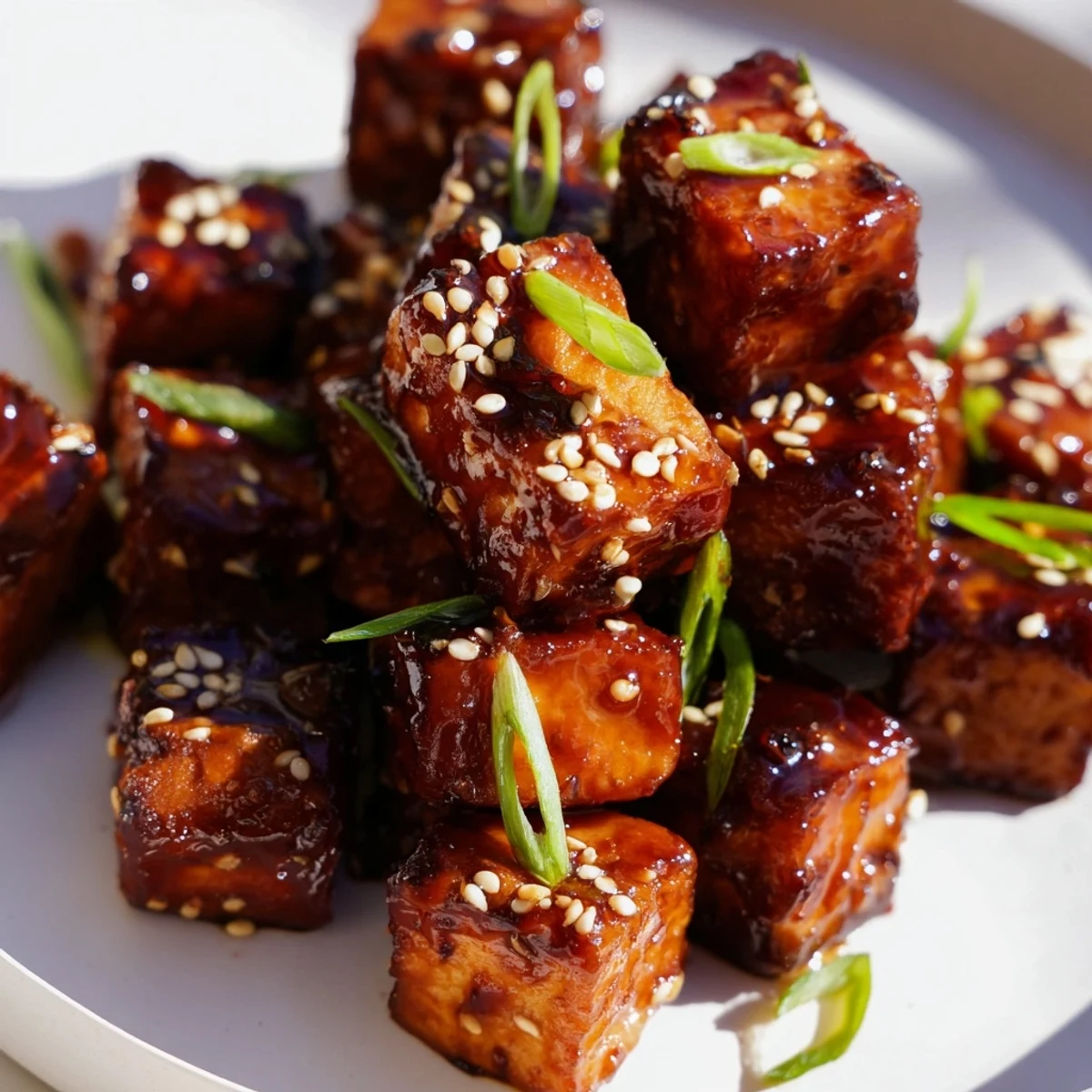Tender Crispy Air Fryer Tofu tossed in savory glaze and sesame seeds, served steaming hot from the air fryer.
