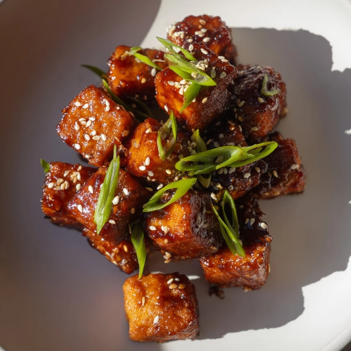 Golden brown cubes of Crispy Air Fryer Tofu glistening with sweet soy glaze, garnished with fresh green onions.