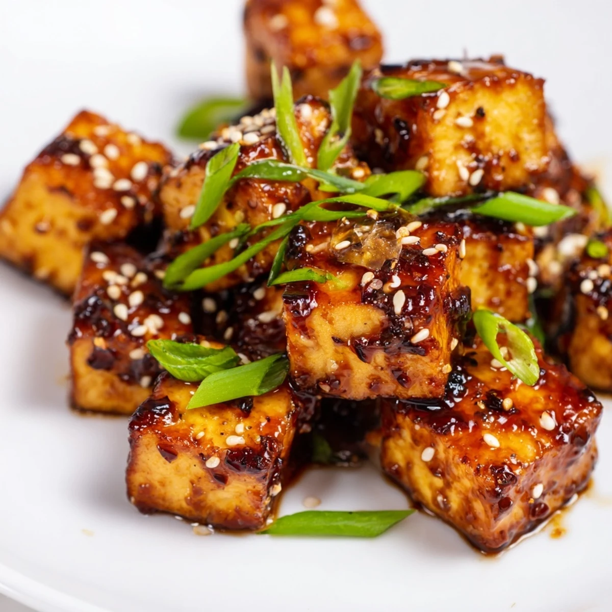 Close-up of Crispy Air Fryer Tofu with crunchy edges and glossy sauce, ready to enjoy over steamed rice.