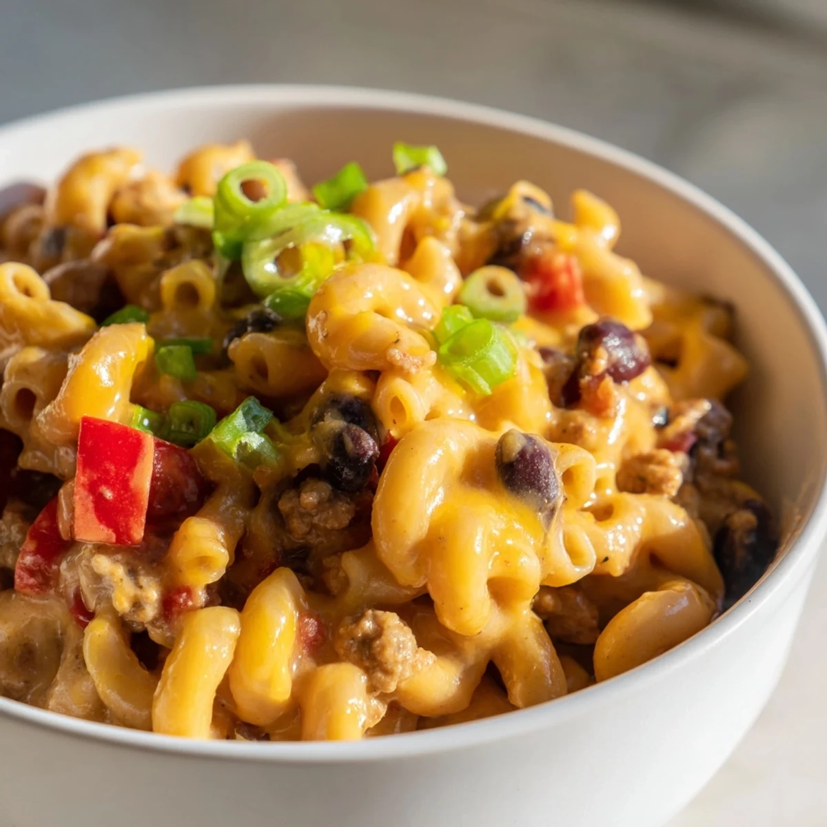 Serving suggestion for Turkey Chili Mac and Cheese: a vibrant bowl topped with fresh green onions, cilantro, and a dollop of sour cream for extra comfort.