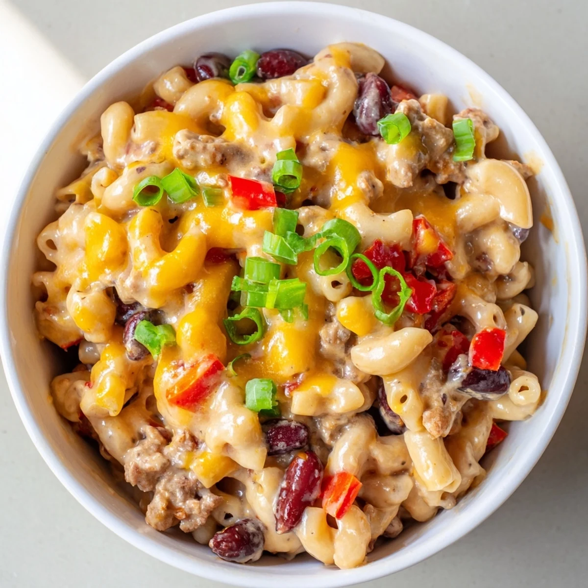 Close-up view of a spoon dipping into Turkey Chili Mac and Cheese, revealing the hearty blend of ground turkey, beans, and cheesy macaroni in a rich sauce.