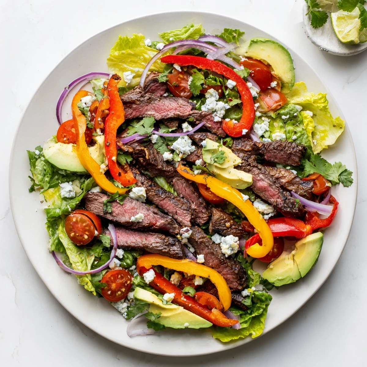 Sliced flank steak and charred vegetables for a hearty Beef Fajita Salad with lime vinaigrette garnished with cilantro.